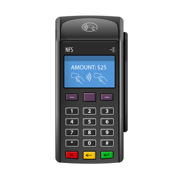 Bank Terminal for Payment Purchases in Store. Top View of a POS Payment Terminal on White Background