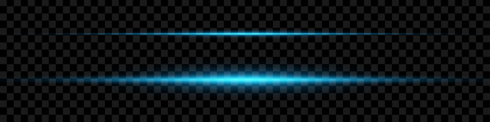 Pack of blue bright horizontal highlights, rays, lines on a transparent background. Laser beams, horizontal light beams.