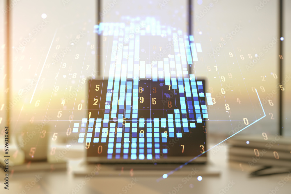 Poster Double exposure of creative Bitcoin symbol hologram with computer on background. Mining and blockchain concept
