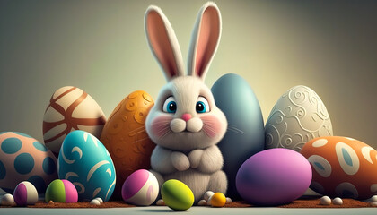 Easter Joy: Bunny with Colorful Easter Eggs on Seasonal Background- ai generated.