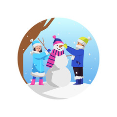 Cure children making snowman, winter holiday - flat vector illustration isolated on white background.