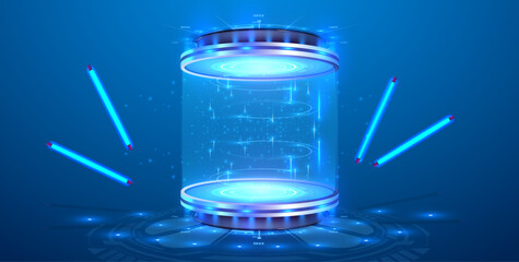 Circle portals, teleport, hologram gadget. Blank display, stage or magic portal, podium for show product in futuristic cyberpunk or hud style. Sky-fi digital hi-tech elements for presentation product.