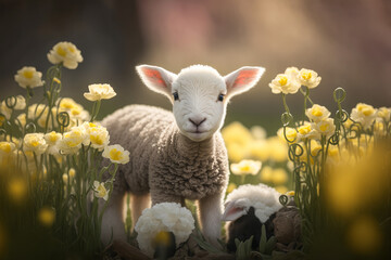 Obraz premium A cute baby spring lamb in a field of spring flowers. Generative ai