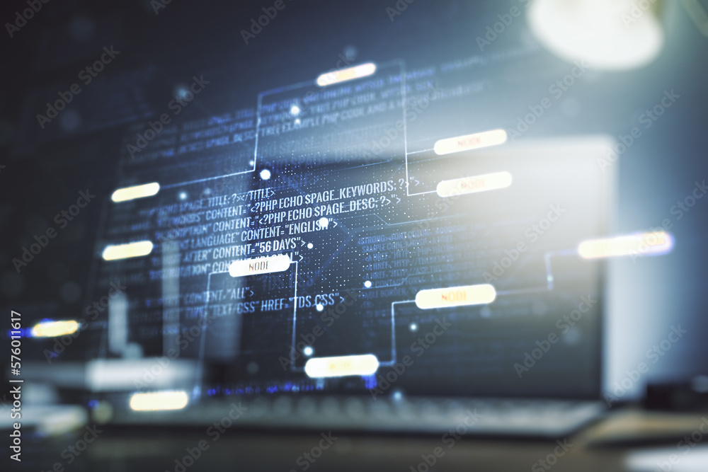 Poster double exposure of abstract creative programming illustration on computer background, big data and b