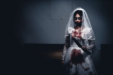Halloween festival concept,Asian woman makeup ghost face,Bride zombie charactor,Horror movie...