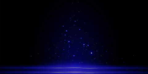 Blue lines, laser beams, bright light beams with sparkles, bokeh and dust on a black background. Vector illustration