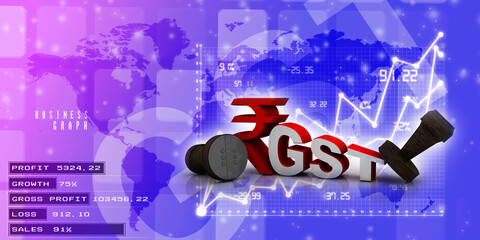 3d rendering GST Tax India with rupee sign near rubber stamp