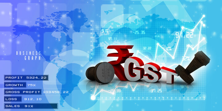 3d rendering GST Tax India with rupee sign near rubber stamp