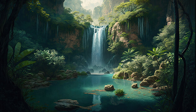 A majestic waterfall cascading down a steep cliff into a tranquil pool below, surrounded by lush vegetation and towering trees, National Geographic, waterfall, water, nature, cascade, falls, river, 