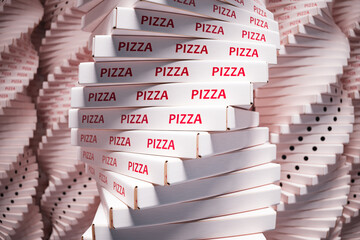 A huge pile of cardboard pizza boxes. Stack of cartons. Fast food packaging.