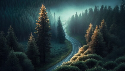 Nature background - Dreamlike Environment: Beautiful Foggy Forest at Sunrise -ai generated