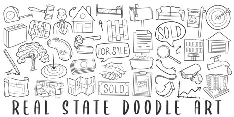 Real State Doodle Icons. Hand Made Line Art. Building Business Clipart Logotype Symbol Design.