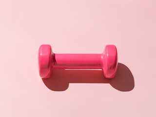 Fitness concept. Pink dumpbells on pink