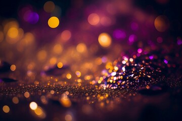 Background with gold and purple defocused bokeh. Glamour style, shimmering glitter. Generative AI