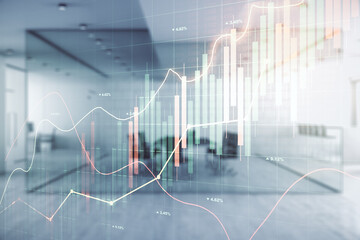Double exposure of virtual creative financial diagram on a modern furnished office interior background, banking and accounting concept