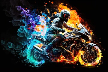 A moto rider riding a powerful motorbike in colorful flames with dark background. Generative ai	