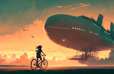 See you in the next century. kid rides a bicycle waving good bye to the airship at sunset, digital art style, illustration painting, Generative AI