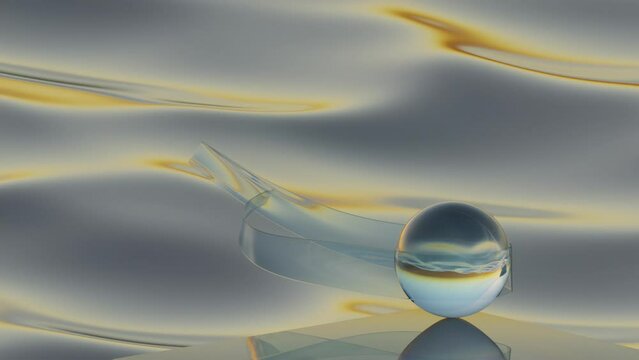Animation of a transparent ribbon that will flippets in the wind and a glass ball against the background of the sea waves. Relaxing animation for meditation. The golden time. 3D Illustration