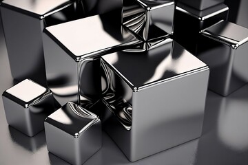 Shiny and silver aluminum cubes, placed on top of each other, strongly reflecting light. Generative AI