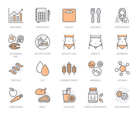 Nutritionist flat line icon set. Diet food, nutrition icons - protein, fat, carbohydrate, fit body vector illustrations. Outline pictogram for overweight treatment. Orange color. Editable Stroke
