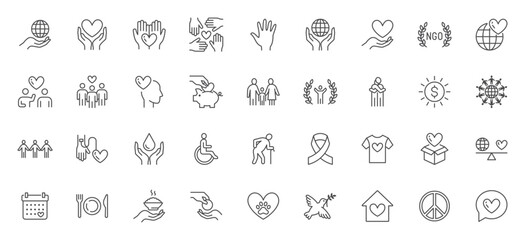 Charity line icons set. NGO fund, nonprofit foundation, elderly care, volunteer, blood donor, food donation, social help vector illustration. Outline signs about humanitarian aid. Editable Stroke - 576014882