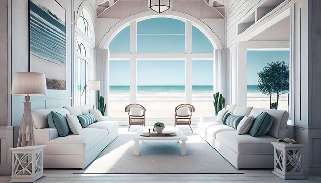 Spacious living room with a view of the ocean in an opulent summer beach house with white furnishings. The inside of a vacation home or villa. generative ai
