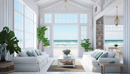 Plakat Large living room with a sea view in a lavish summer beach home with white furniture. interior of a holiday house or villa. generative ai 