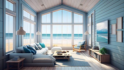 Large living room with a sea view in a lavish summer beach home with white and blue furniture. interior of a holiday house or villa. generative ai
