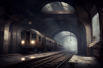 Obraz premium A modern train rides in a dilapidated tunnel. AI generated
