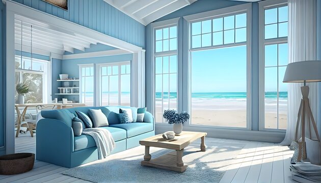 Large living room with a sea view in a lavish summer beach home with white and blue furniture. interior of a holiday house or villa. generative ai
