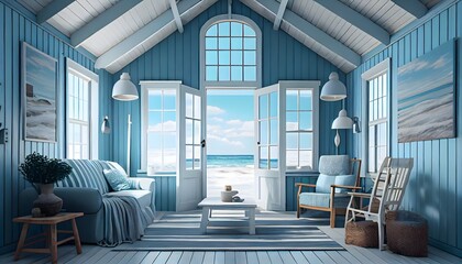 Large living room with a sea view in a lavish summer beach home with white furniture. interior of a holiday house or villa. generative ai
