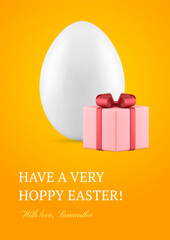Happy Easter chicken egg pink wrapped gift box 3d greeting card design template realistic vector illustration