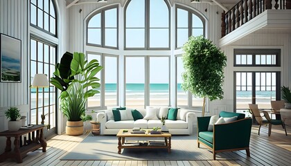 가구, 생성 인공 지능, 편안한 오렌지 인테리어, 열대 전망 럭셔리 여행, 바다 배경을 갖춘 현대적인 밝은 녹색 식물 목조 여름 해변 집, generative ai - obrazy, fototapety, plakaty