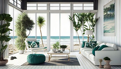 Fototapeta Une maison de plage d'été en bois de plantes vert clair moderne avec des meubles, generative ai, un intérieur orange de relaxation et un voyage de luxe avec vue tropicale, fond d'océan obraz