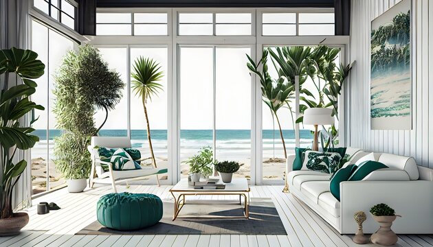 Une maison de plage d'été en bois de plantes vert clair moderne avec des meubles, generative ai, un intérieur orange de relaxation et un voyage de luxe avec vue tropicale, fond d'océan © DurffeeMill