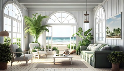 Ein modernes, hellgr&uuml;nes Sommer-Strandhaus aus Holz mit M&ouml;beln, generativer ai, entspannendem orangefarbenem Interieur und tropischer Aussicht, Luxusreisen, Meereshintergrund