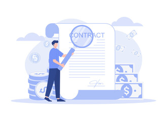 Contract conclusion, view contract details with magnifying glass, cooperation. Modern flat illustration