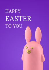 Happy Easter 3d greeting card pink rabbit animal character design template realistic vector illustration