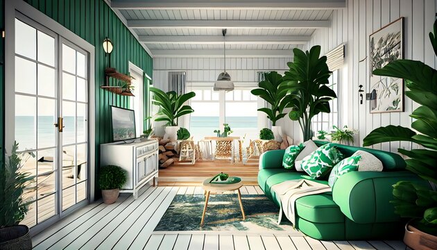 Ein modernes, hellgr&uuml;nes Sommer-Strandhaus aus Holz mit M&ouml;beln, generativer ai, entspannendem orangefarbenem Interieur und tropischer Aussicht, Luxusreisen, Meereshintergrund