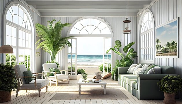 Ein modernes, hellgr&uuml;nes Sommer-Strandhaus aus Holz mit M&ouml;beln, generativer ai, entspannendem orangefarbenem Interieur und tropischer Aussicht, Luxusreisen, Meereshintergrund