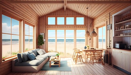 Large living room with a sea view in a lavish summer beach home with white furniture. interior of a holiday house or villa. generative ai

