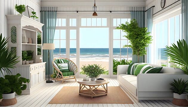 Ein modernes, hellgrünes Sommer-Strandhaus aus Holz mit Möbeln, generativer ai, entspannendem orangefarbenem Interieur und tropischer Aussicht, Luxusreisen, Meereshintergrund