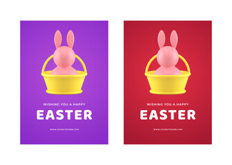 Happy Easter rabbit character in basket 3d greeting card set design template realistic vector