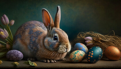 Fototapeta na wymiar Easter bunny concept. Adorable bunny surrounded by colorful easter eggs.