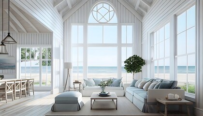 A modern light white wooden summer beach house with furniture, generative ai, relaxation white interior and tropical view luxury travel, ocean background, 