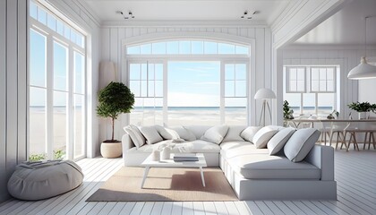 Obraz na płótnie Canvas A modern light white wooden summer beach house with furniture, generative ai, relaxation white interior and tropical view luxury travel, ocean background, 