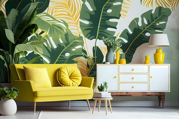 熱帯植物の葉と黄色のソファ ボードのモダンなリビング ルームのデザインと壁紙の装飾テーブル、generative ai、照明、クラシックな古いスタイルの風景の壁紙