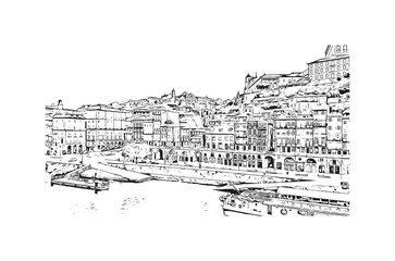 Building view with landmark of Porto is a coastal city in northwest Portugal. Hand drawn sketch illustration in vector.