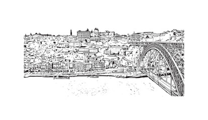 Building view with landmark of Porto is a coastal city in northwest Portugal. Hand drawn sketch illustration in vector.