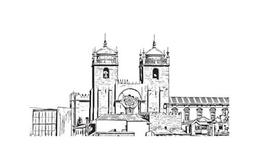 Building view with landmark of Porto is a coastal city in northwest Portugal. Hand drawn sketch illustration in vector.
